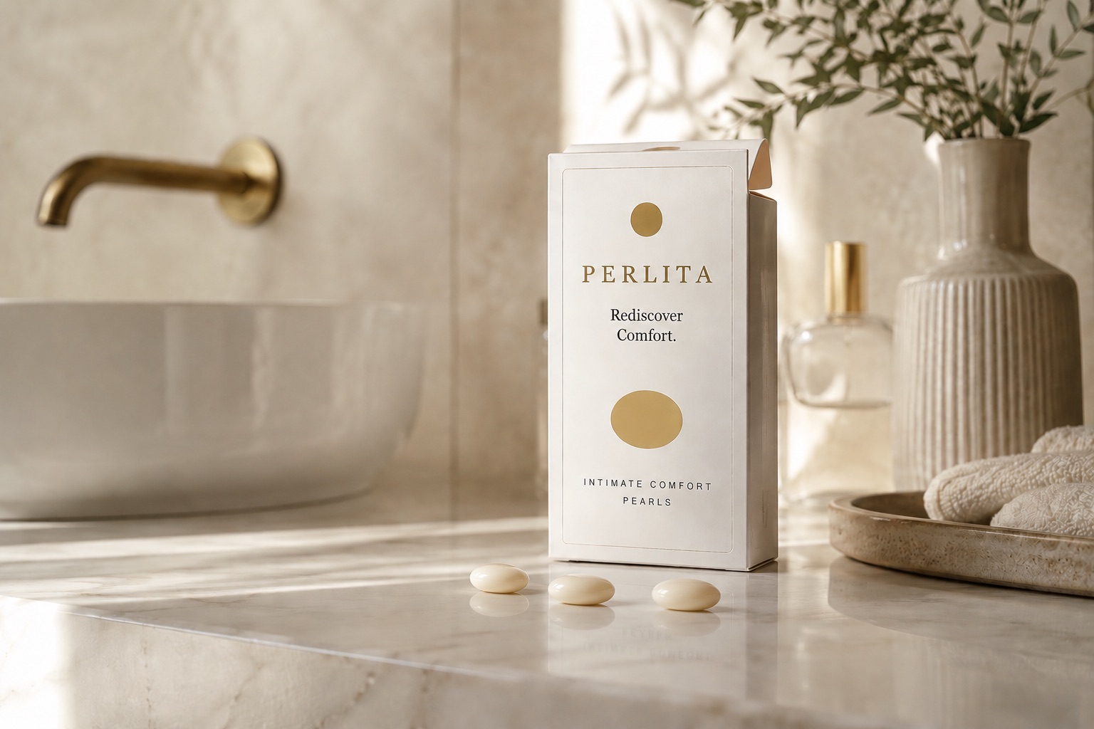Perlita Intimate Comfort Pearls box with soft pearls on a marble bathroom counter
